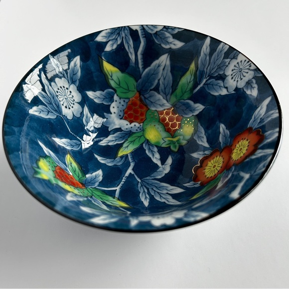 Blue Porcelain Rice Bowl with Red Strawberry and Floral Pattern Japanese - Picture 6 of 10